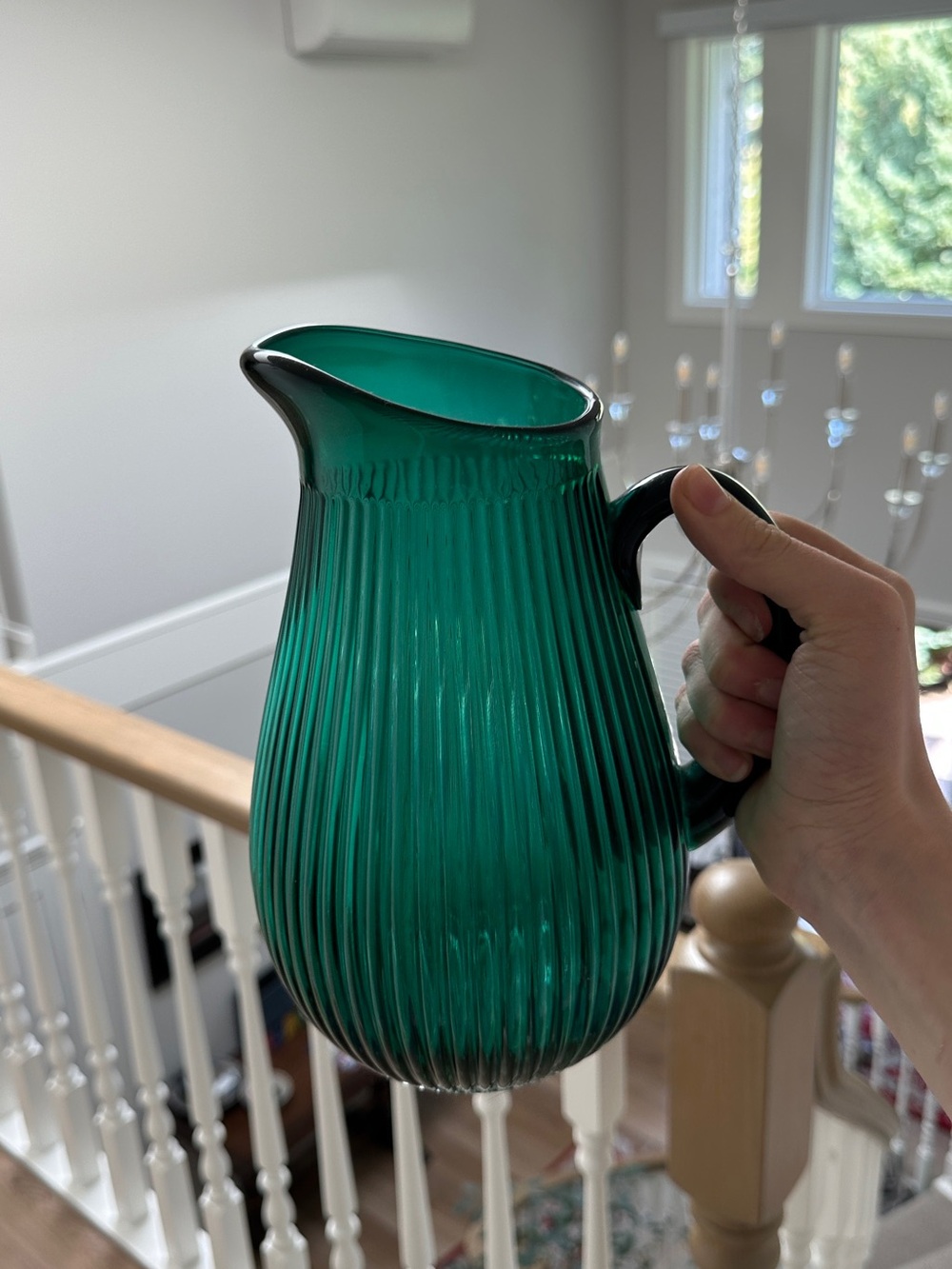 Emerald Green Ribbed Glass Pitcher